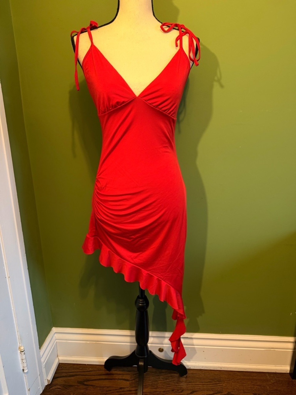 SHEIN Red Asymmetric Tie-Shoulder Ruffle Dress